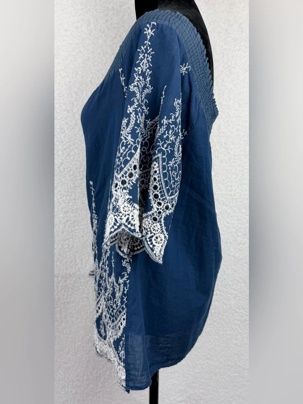 Navy Blue/White Embroidered Boho Smocked-Neck Peasant Blouse, M - Picture 5 of 10